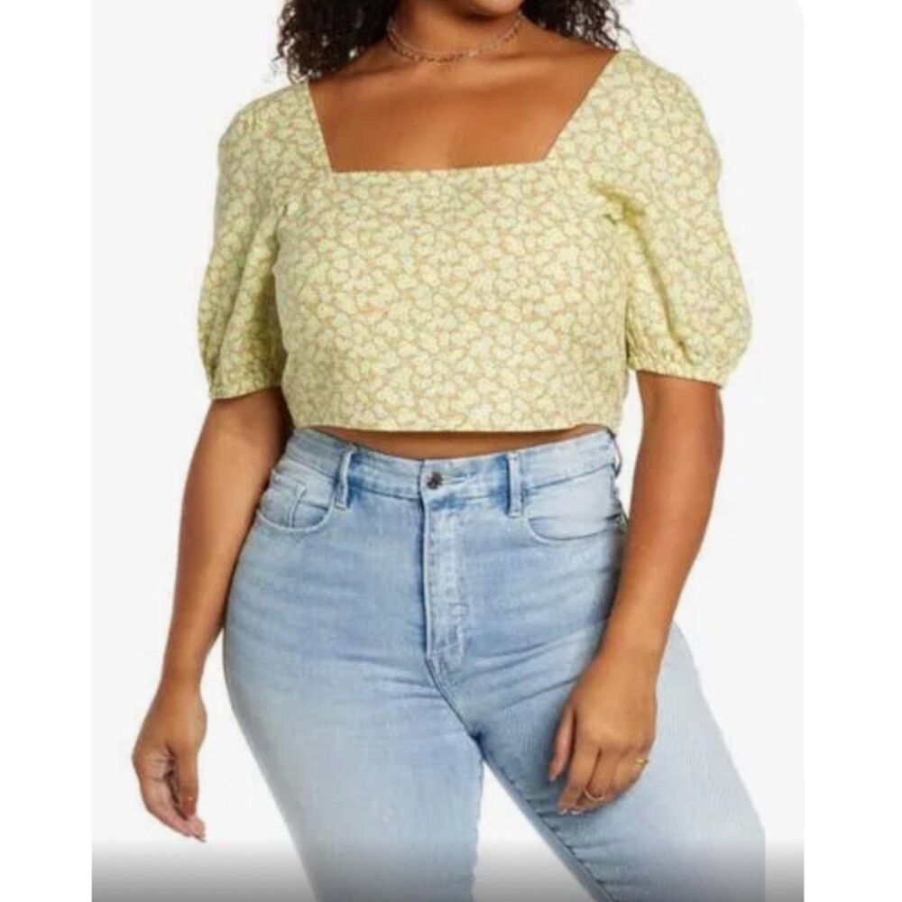 New BP. Puff Sleeve Top Shirt Crop Square Neck Large Linen Blend Beige Floral